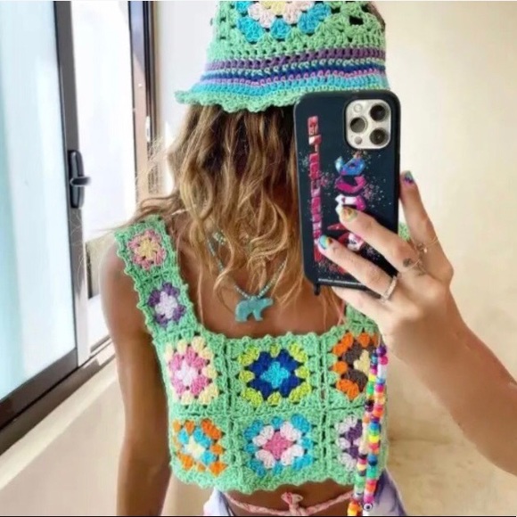 NEW! Boho, multi colour, crocheted, cotton crop top - Picture 1 of 13